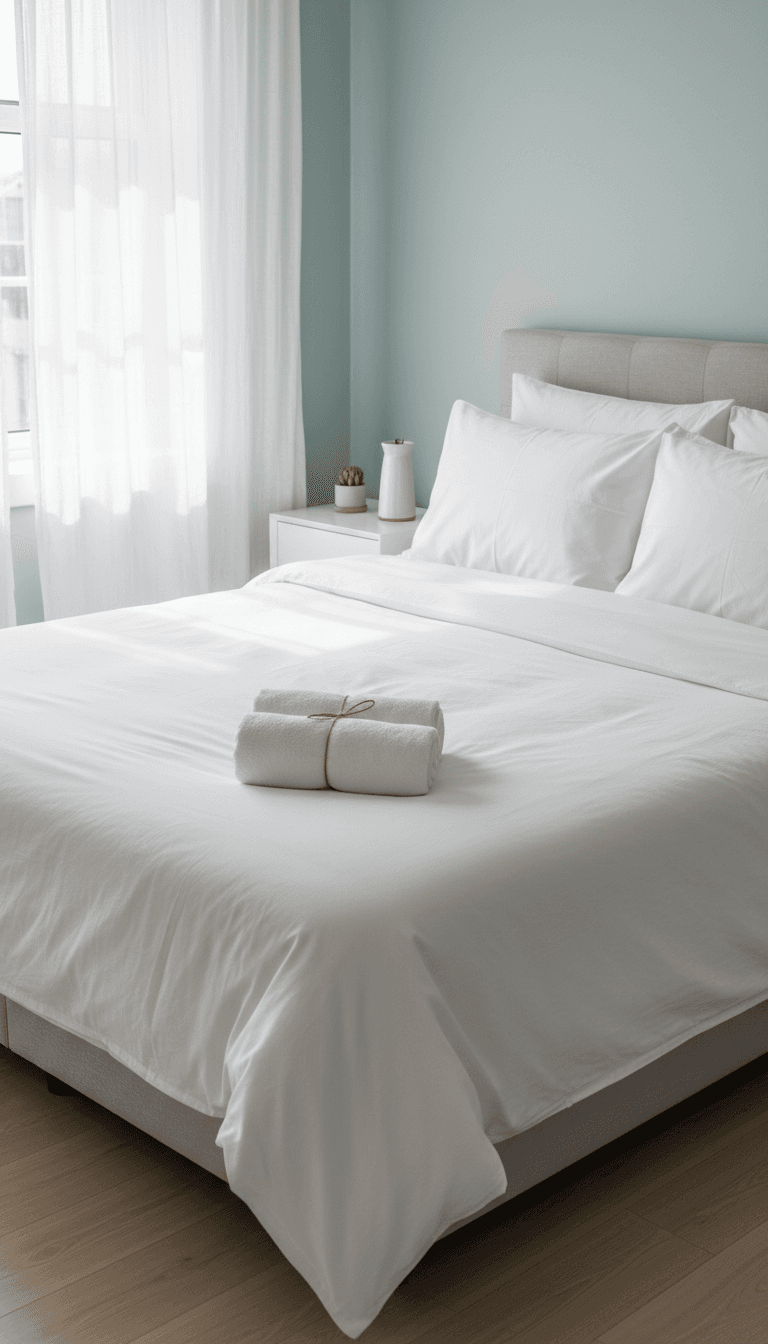 Freshly made bed with white linens and folded towels
