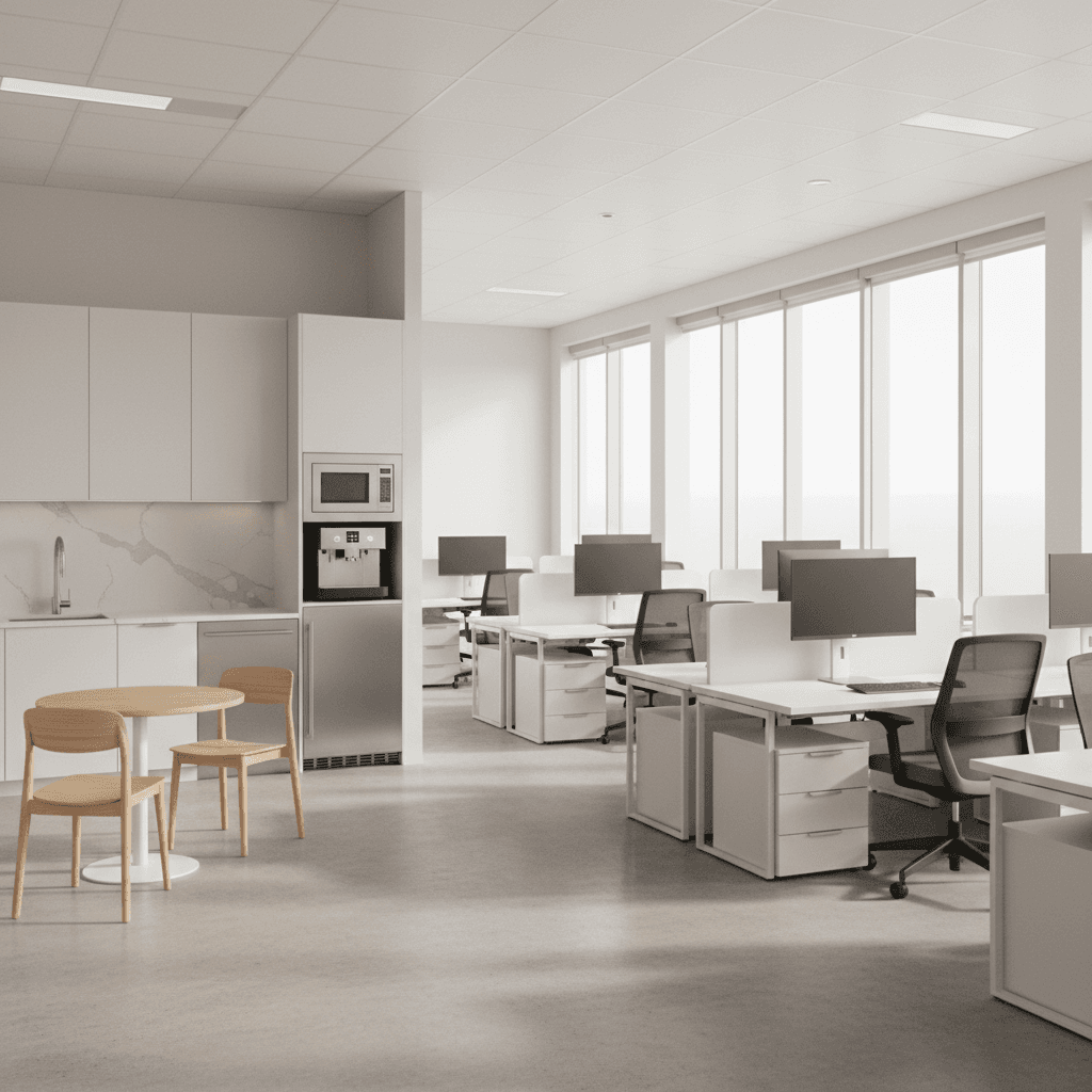 Modern open-plan office with clean desks and spotless kitchenette