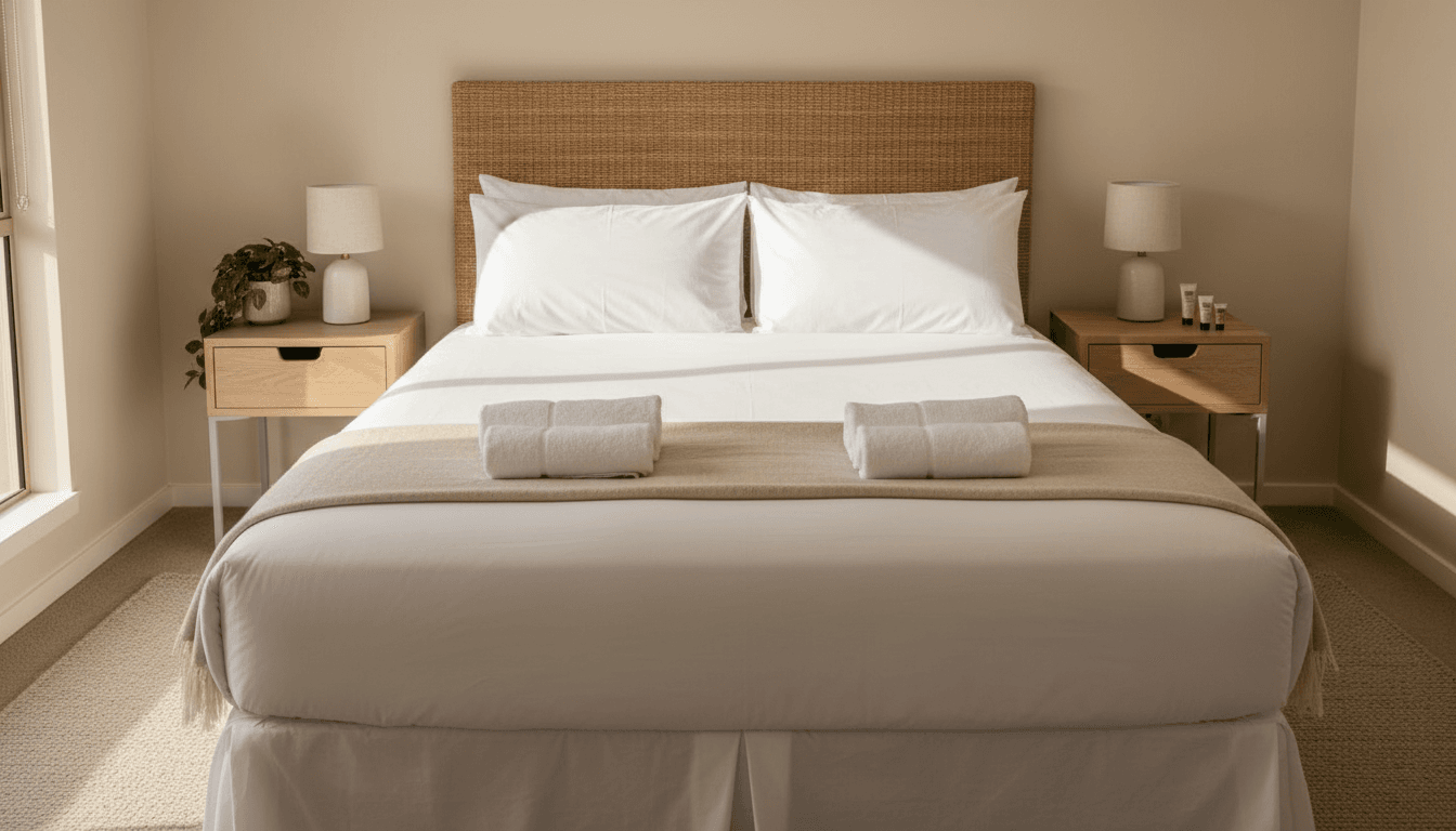 Neatly made bed with white linens in a clean holiday rental bedroom