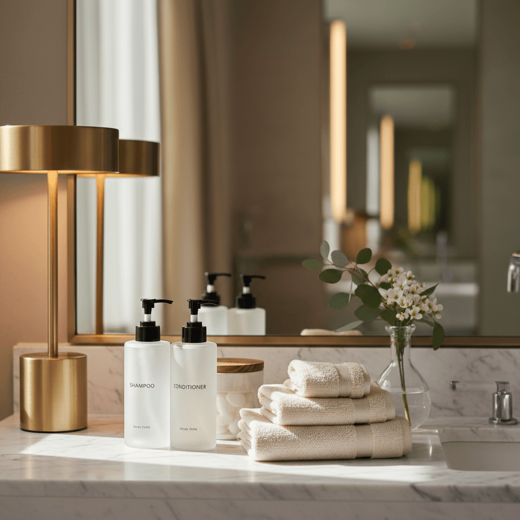 Close-up of luxury bathroom amenities including premium toiletries, plush towels, and contemporary fixtures on marble counter