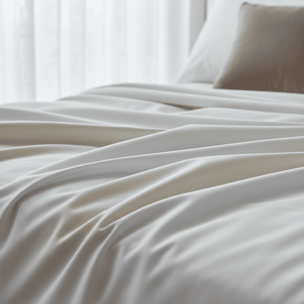 Neatly folded white sheets stacked on a wooden shelf