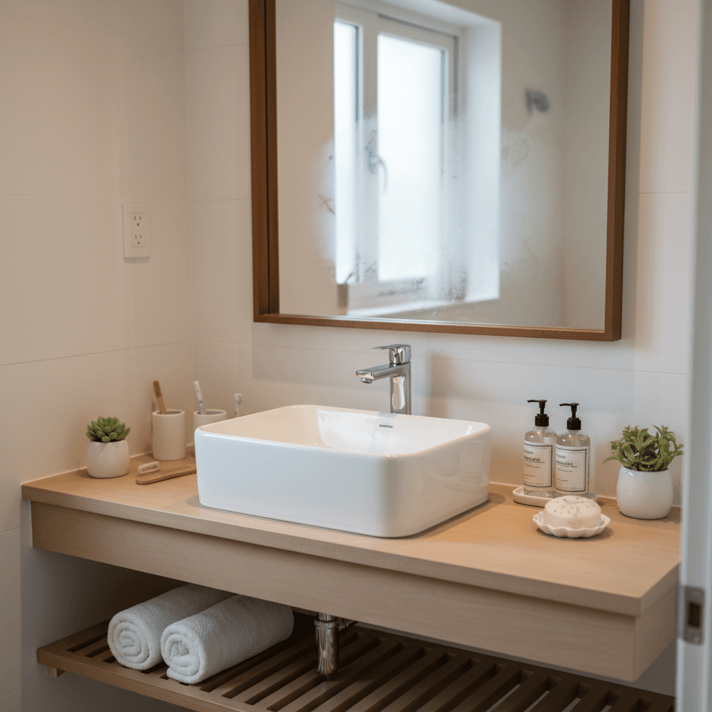 Small amenity bottles and folded soaps on a bathroom vanity