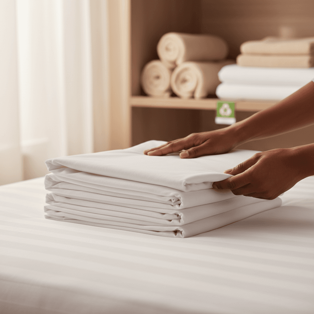 Close-up of expertly folded white hotel linens with hands demonstrating care and quality in professional laundry setting
