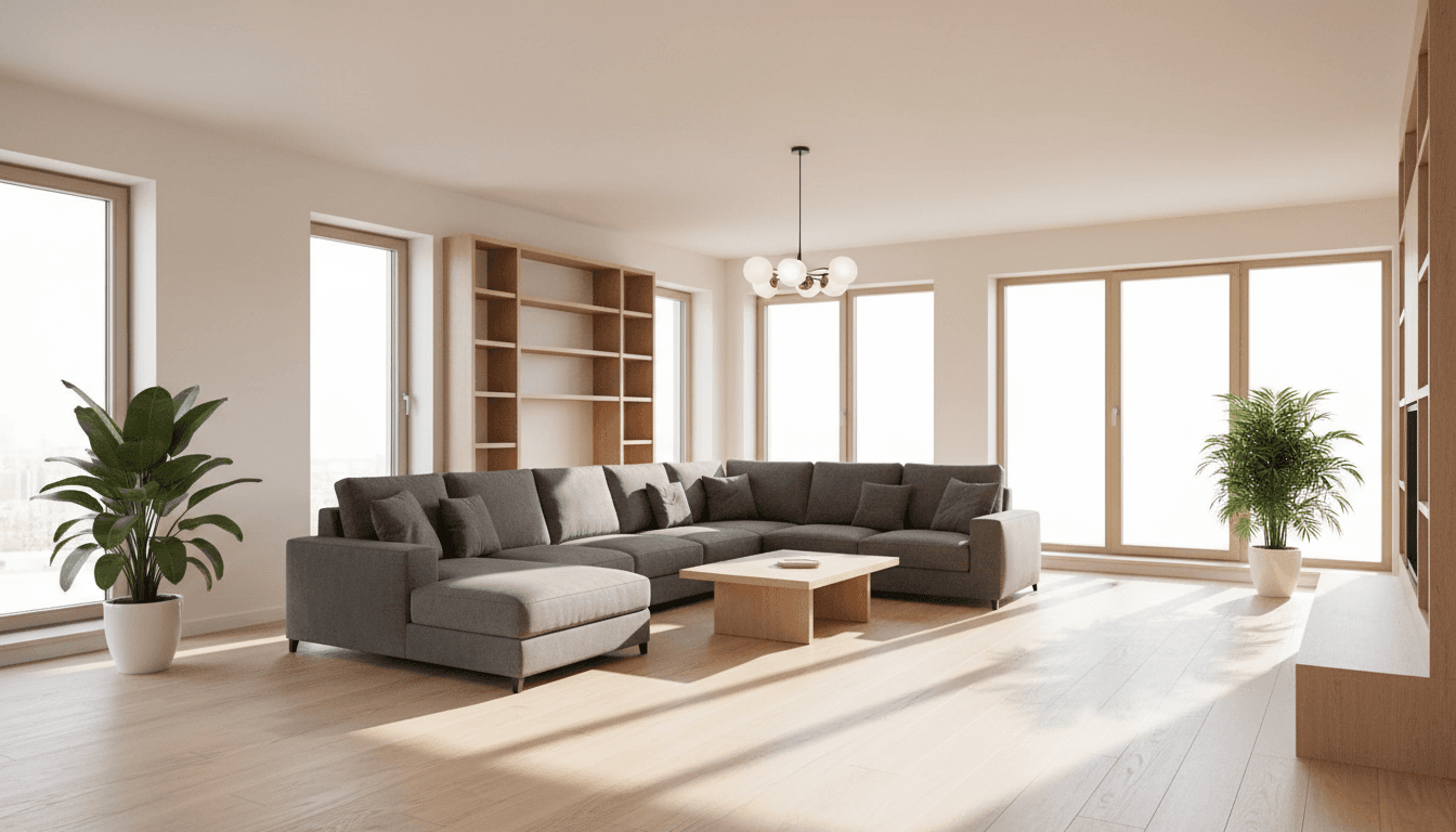 Bright and airy modern living room after a professional clean, natural sunlight streaming through large windows, fresh neutral tones, polished surfaces, photo-realistic interior photography