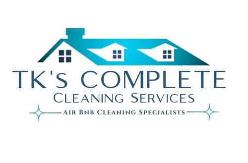 TK's Complete Cleaning Services logo featuring a blue house roofline and Airbnb cleaning tagline.